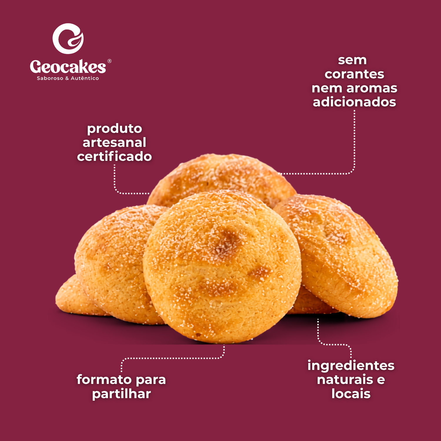 Broas de Mel Geocakes — quatro características: produto artesanal certificado, sem corantes nem aromas adicionados, formato para partilhar, ingredientes naturais e locais