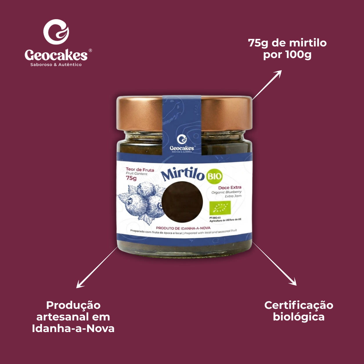 Doce Extra de Mirtilo Biológico da Beira Baixa – Características: 75g de mirtilo por 100g, certificação biológica, produção artesanal em Idanha-a-Nova