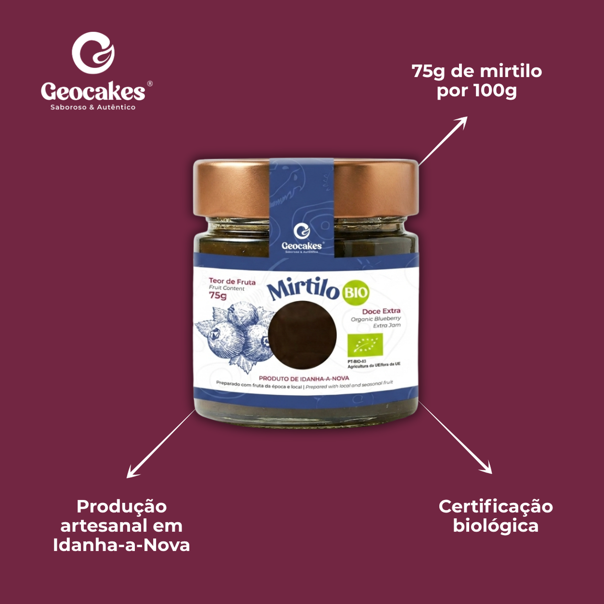 Doce Extra de Mirtilo Biológico da Beira Baixa – Características: 75g de mirtilo por 100g, certificação biológica, produção artesanal em Idanha-a-Nova