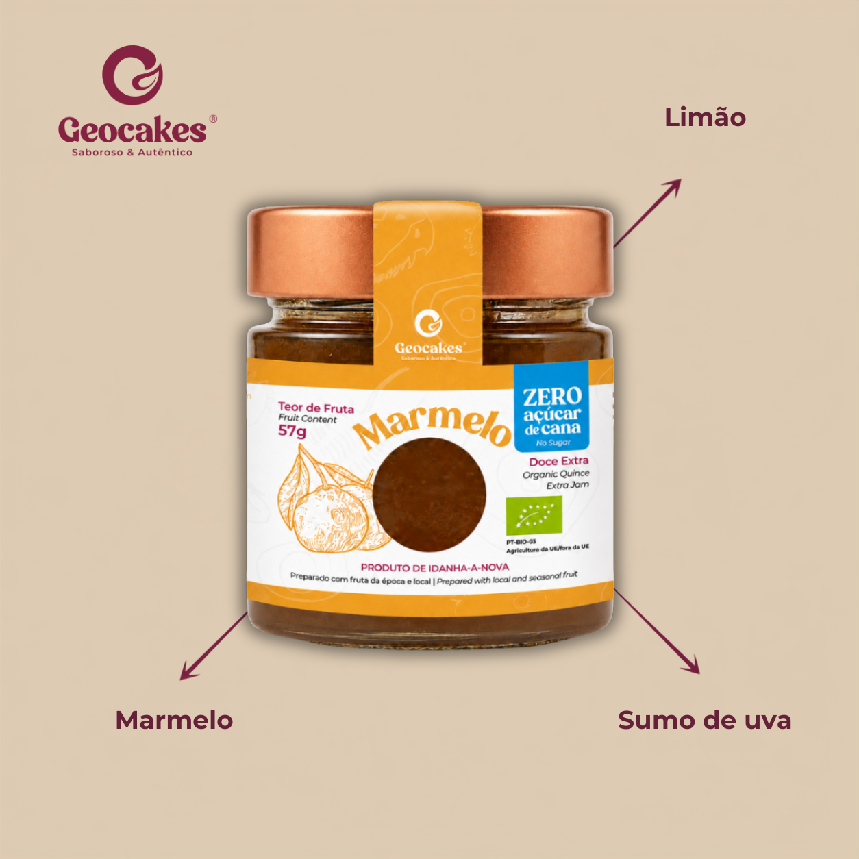 Doce Extra de Marmelo Biológico Sem Açúcar Geocakes – Ingredientes: marmelo, sumo de uva, limão