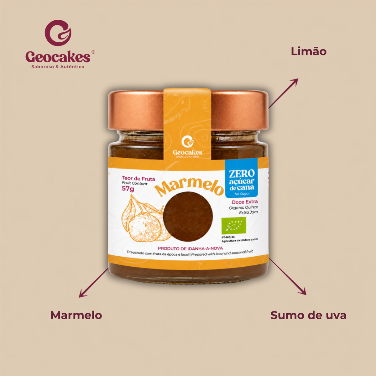 Doce Extra de Marmelo Biológico Sem Açúcar Geocakes – Ingredientes: marmelo, sumo de uva, limão