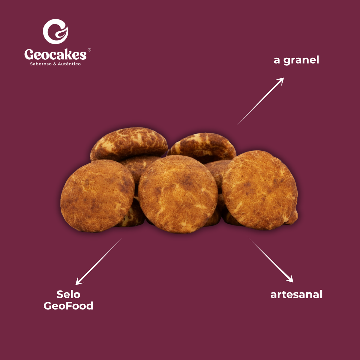 Raivas de Canela a Granel Geocakes — características: a granel, selo GeoFood, artesanal