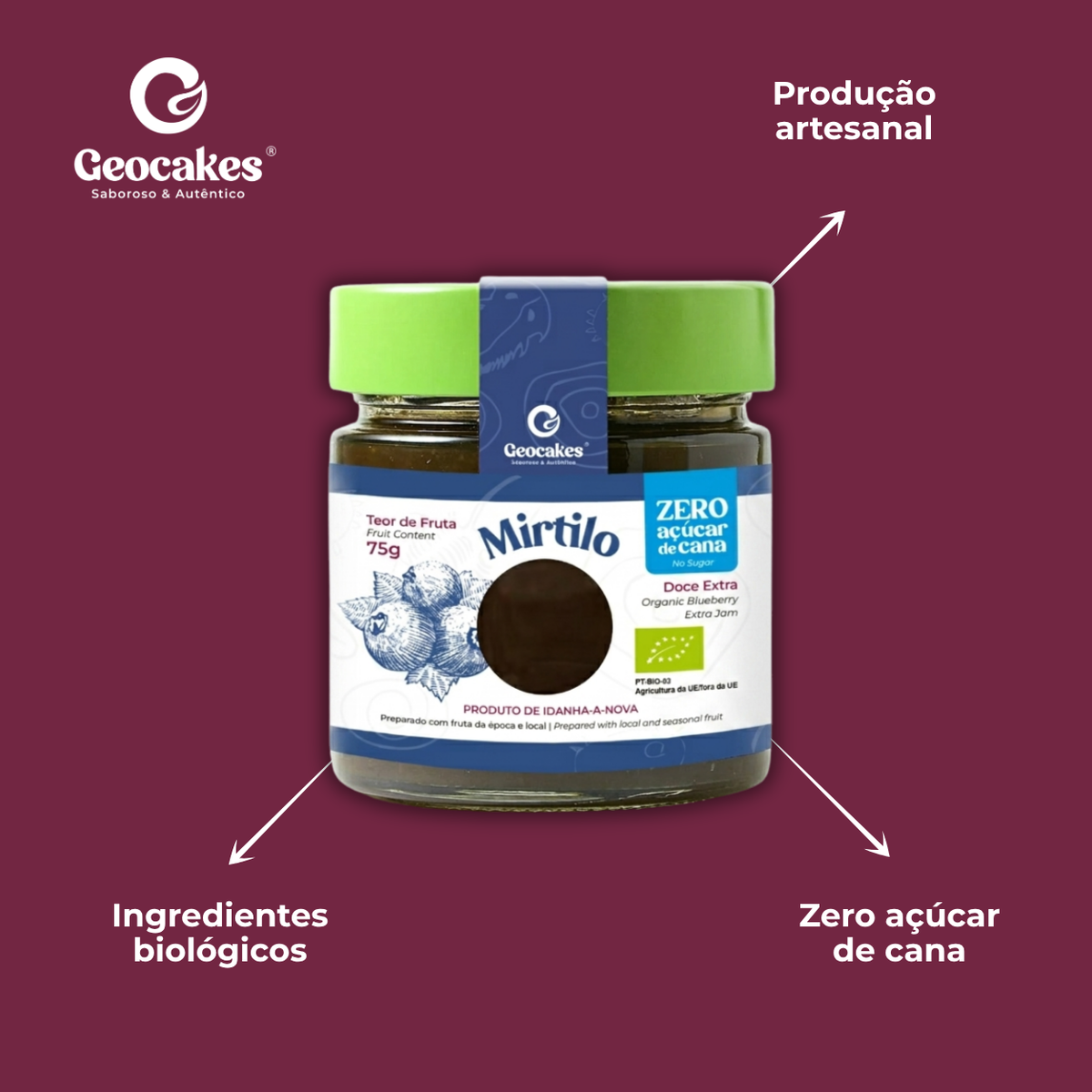 Doce Extra de Mirtilo Biológico Sem Açúcar Geocakes – Características: ingredientes biológicos, produção artesanal, zero açúcar