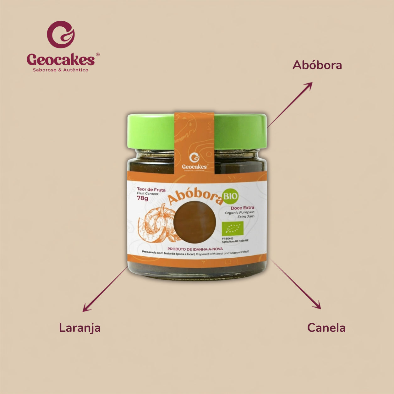 Doce Extra de Abóbora Biológico da Beira Baixa – Ingredientes: abóbora, laranja, canela