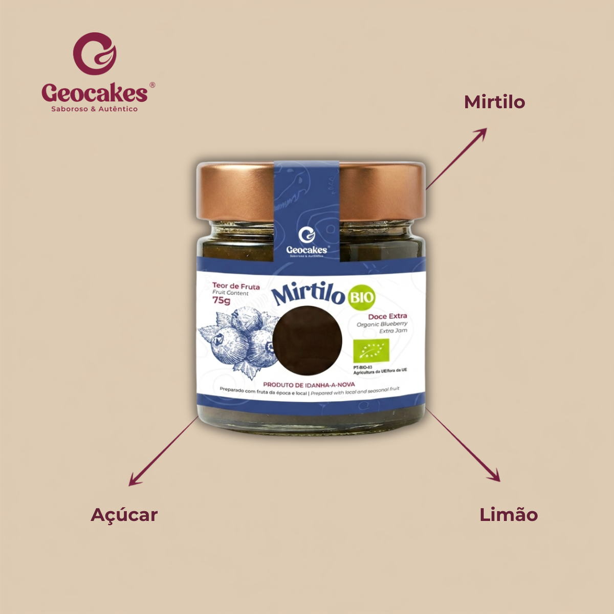 Doce Extra de Mirtilo Biológico da Beira Baixa – Ingredientes: mirtilo, açúcar, limão