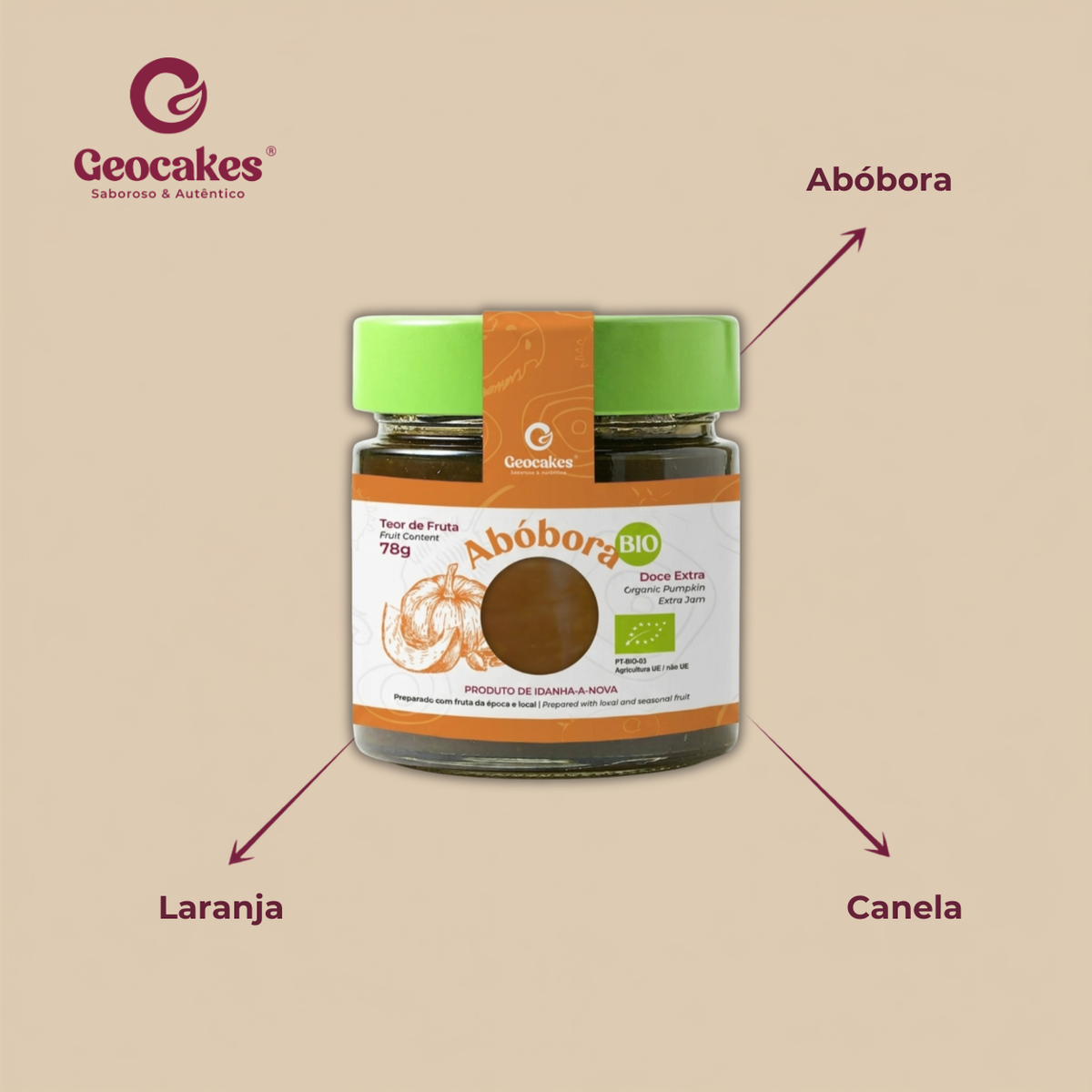 Doce Extra de Abóbora Biológico da Beira Baixa – Ingredientes: abóbora, laranja, canela