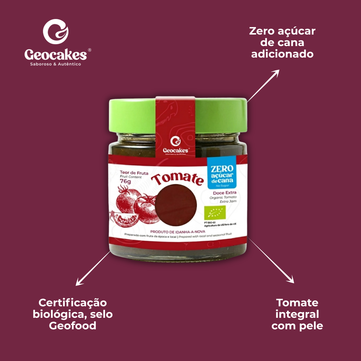 Doce Extra de Tomate Biológico Sem Açúcar Geocakes – Características: tomate integral com pele, zero açúcar de cana adicionado, certificação biológica selo Geofood