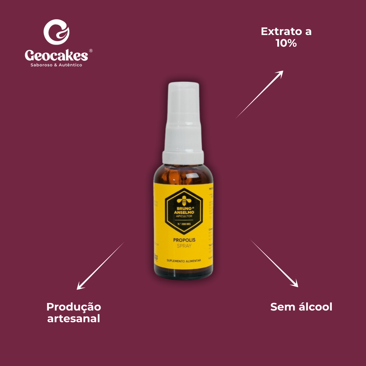 Própolis em Spray Bruno Anselmo Geocakes — características: sem álcool, produção artesanal, extrato a 10%
