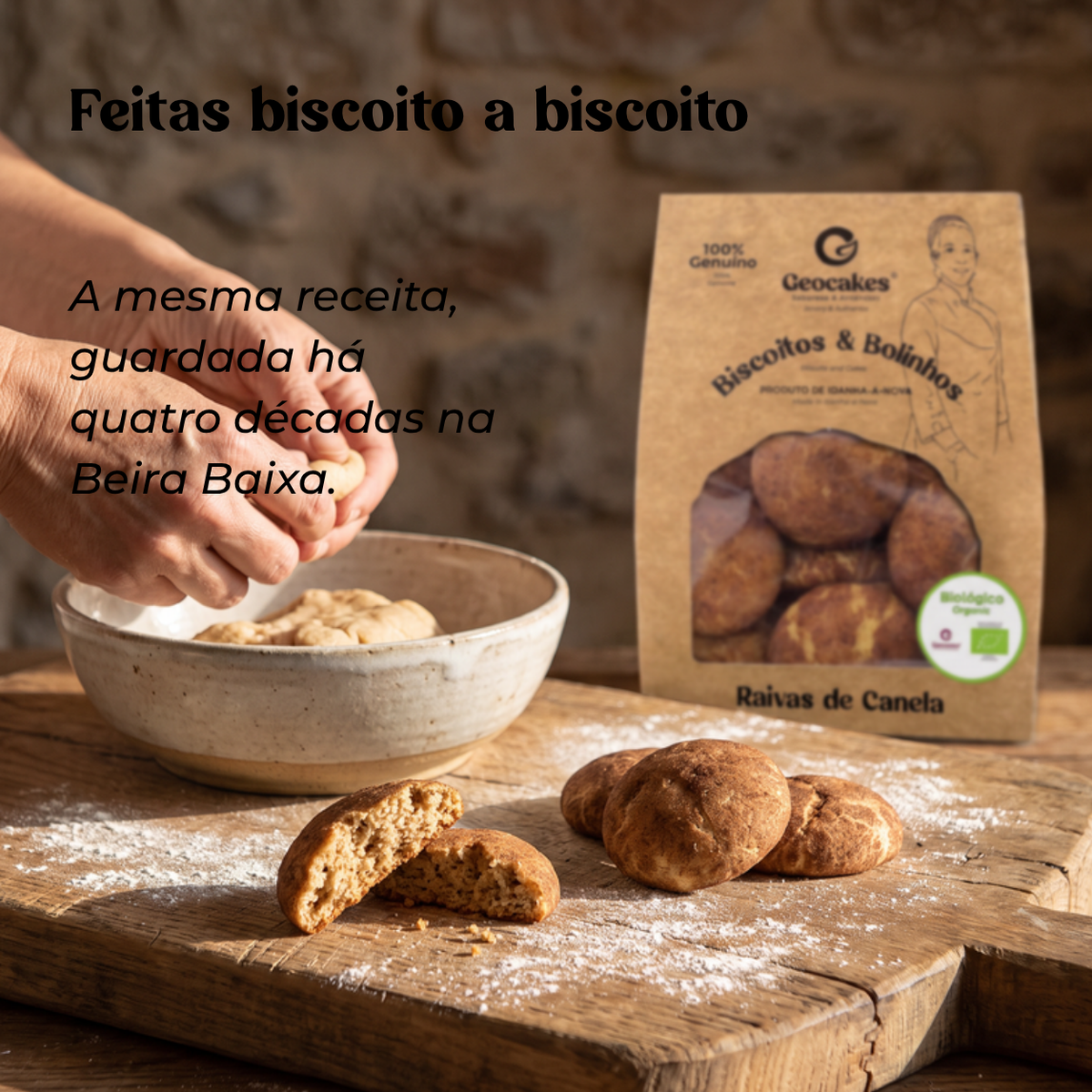 Mãos a moldar massa de Raivas de Canela Geocakes junto a uma tigela de cerâmica, biscoito partido mostrando o miolo