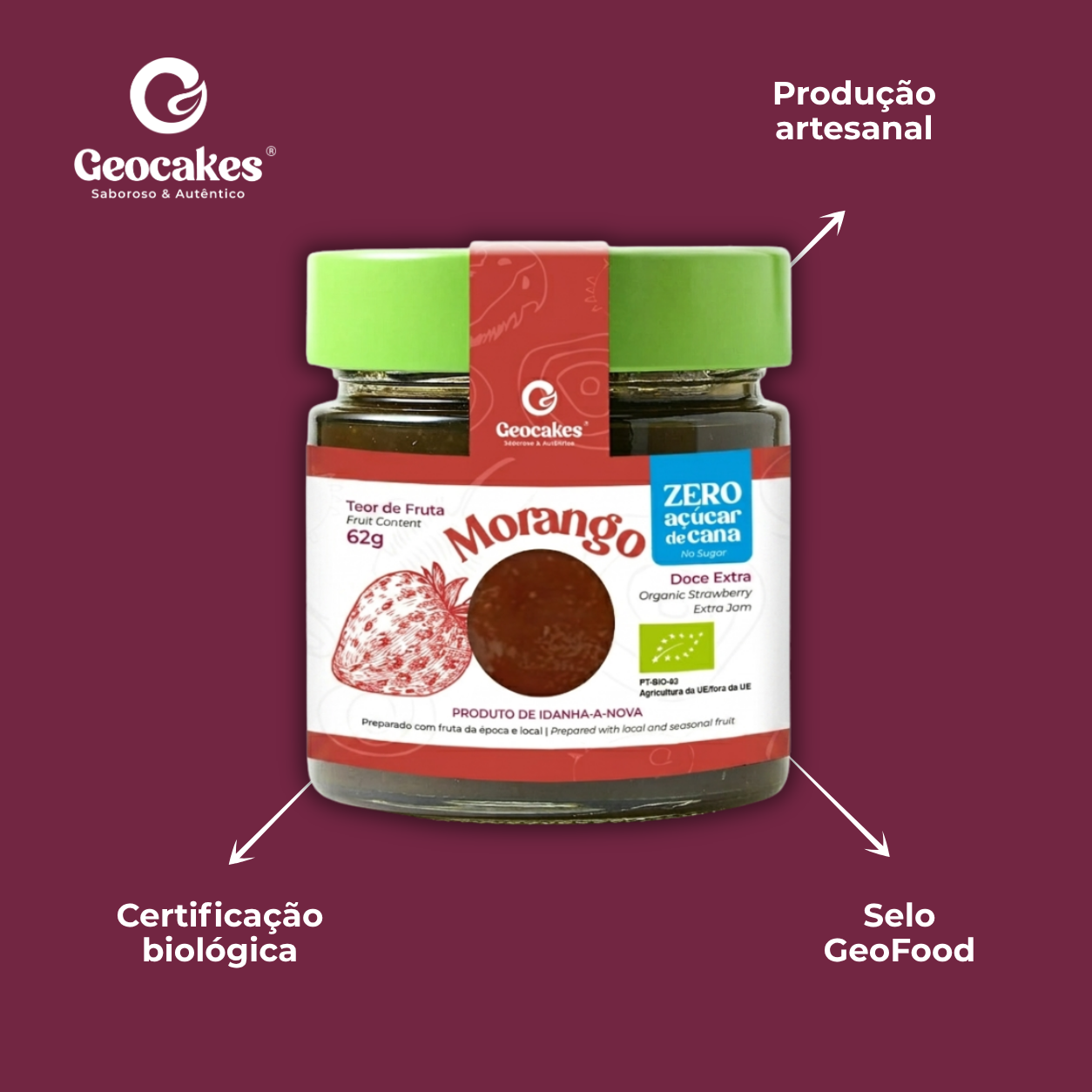 Doce Extra de Morango Biológico Sem Açúcar Geocakes — características: certificação biológica, produção artesanal, selo GeoFood