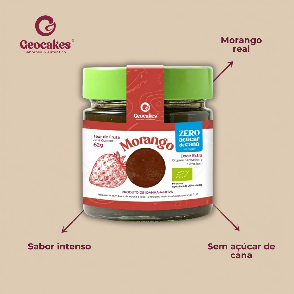Doce Extra de Morango Biológico Sem Açúcar Geocakes — sobre o fruto: morango real, sabor intenso, sem açúcar de cana