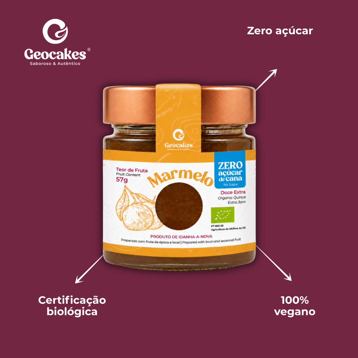 Doce Extra de Marmelo Biológico Sem Açúcar Geocakes – Características: zero açúcar, certificação biológica, 100% vegano