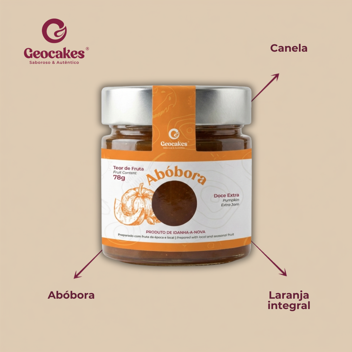 Doce Extra de Abóbora Artesanal Geocakes — ingredientes: canela, abóbora, laranja integral