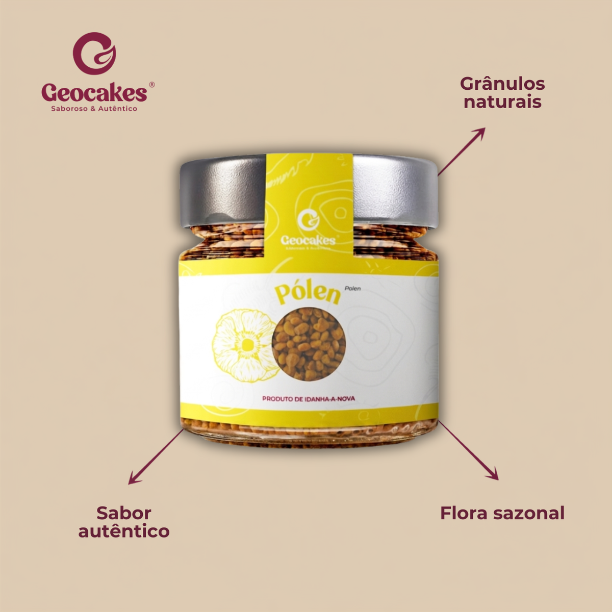 Pólen de Abelha Artesanal Geocakes – Sobre o produto: grânulos naturais, sabor autêntico, flora sazonal