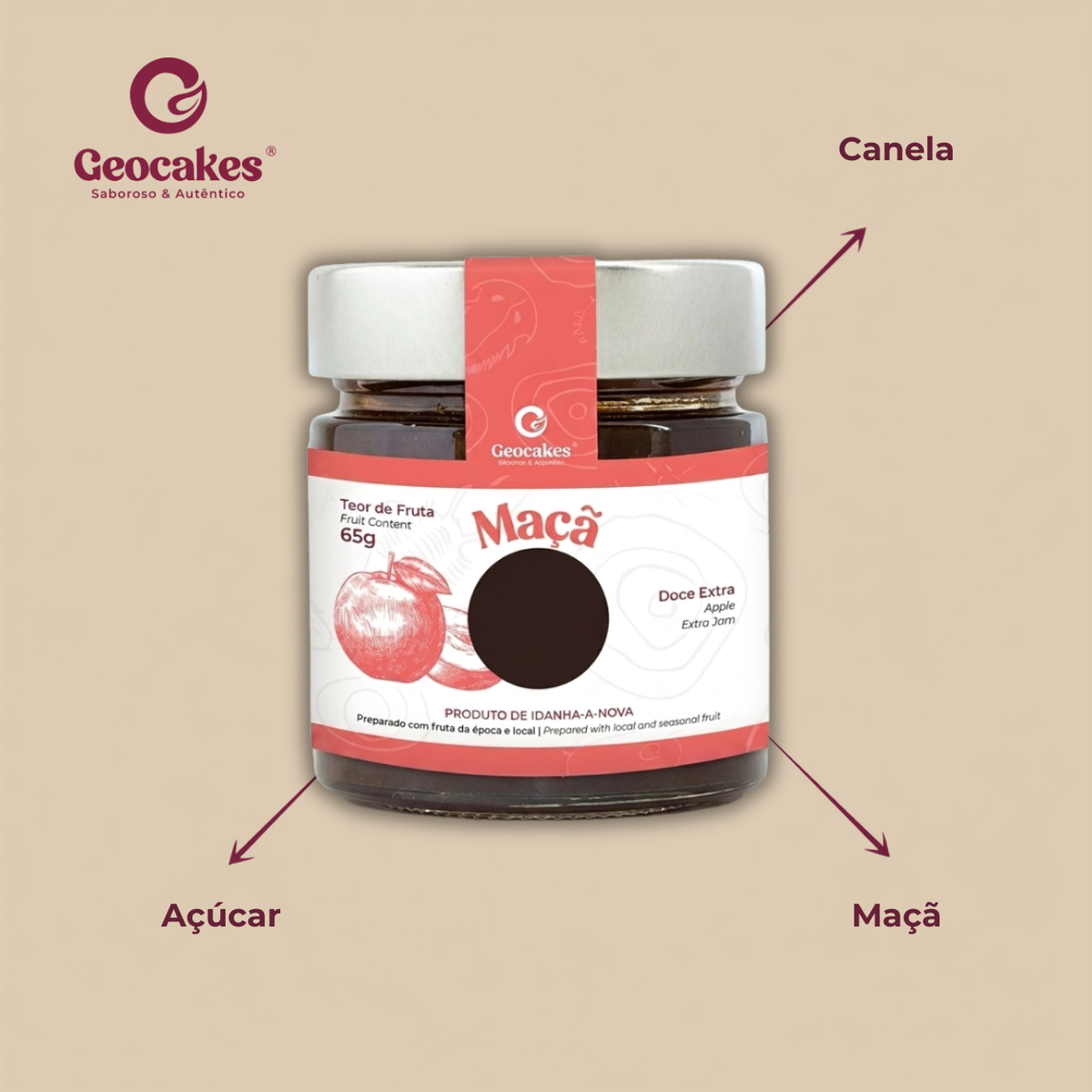 Doce Extra de Maçã Artesanal Geocakes — ingredientes: canela, açúcar, maçã