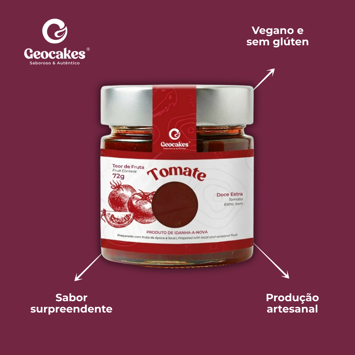 Doce Extra de Tomate Artesanal Geocakes — características: sabor surpreendente, vegano e sem glúten, produção artesanal
