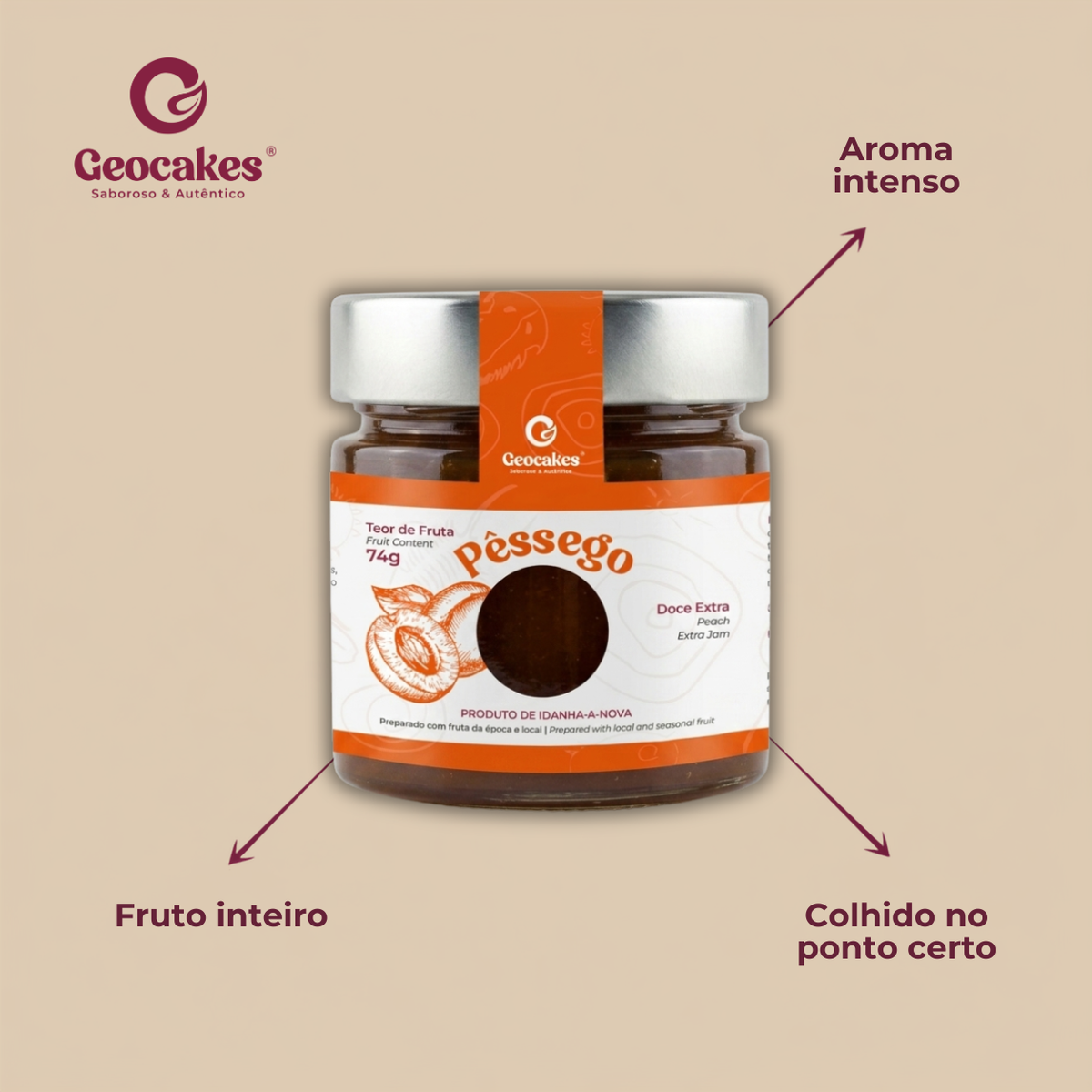 Doce Extra de Pêssego Artesanal Geocakes – Sobre o fruto: fruto inteiro, colhido no ponto certo, aroma intenso