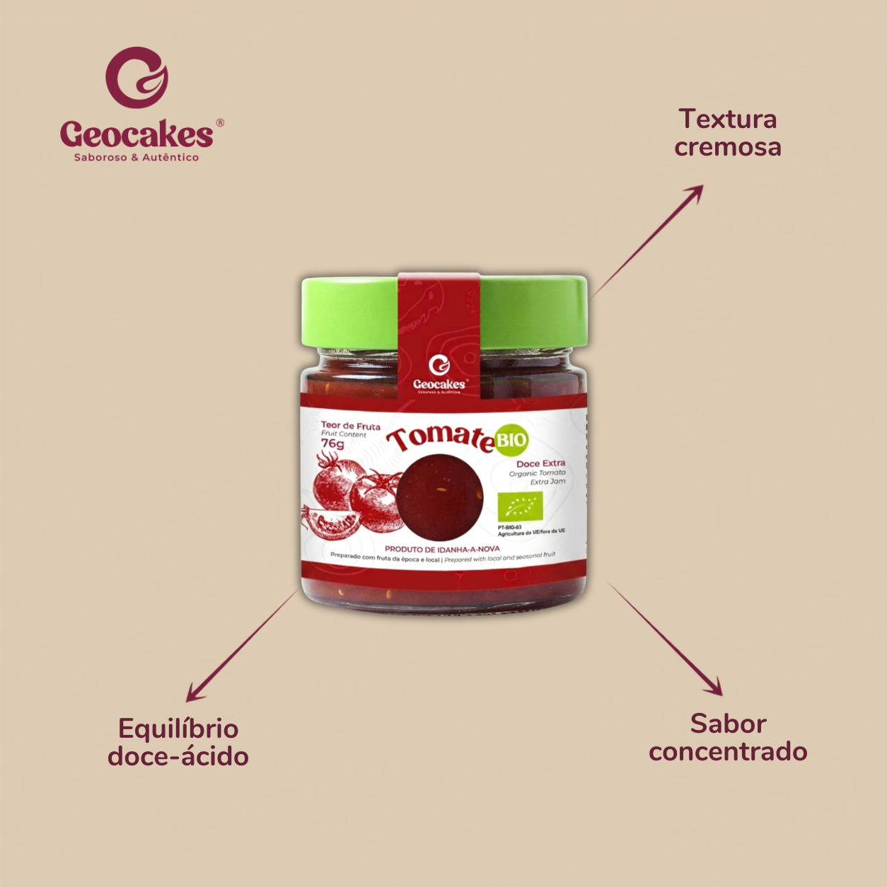 Doce Extra de Tomate Biológico da Beira Baixa – Sabor: textura cremosa, equilíbrio doce-ácido, sabor concentrado