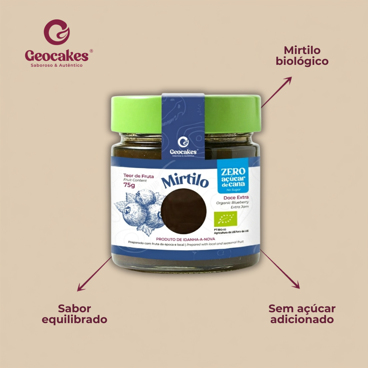 Doce Extra de Mirtilo Biológico Sem Açúcar Geocakes – Sobre o fruto: mirtilo biológico, sabor equilibrado, sem açúcar adicionado