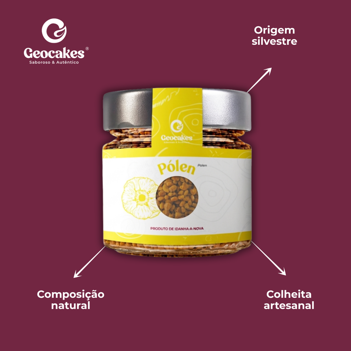 Pólen de Abelha Artesanal Geocakes – Características: composição natural, origem silvestre, colheita artesanal