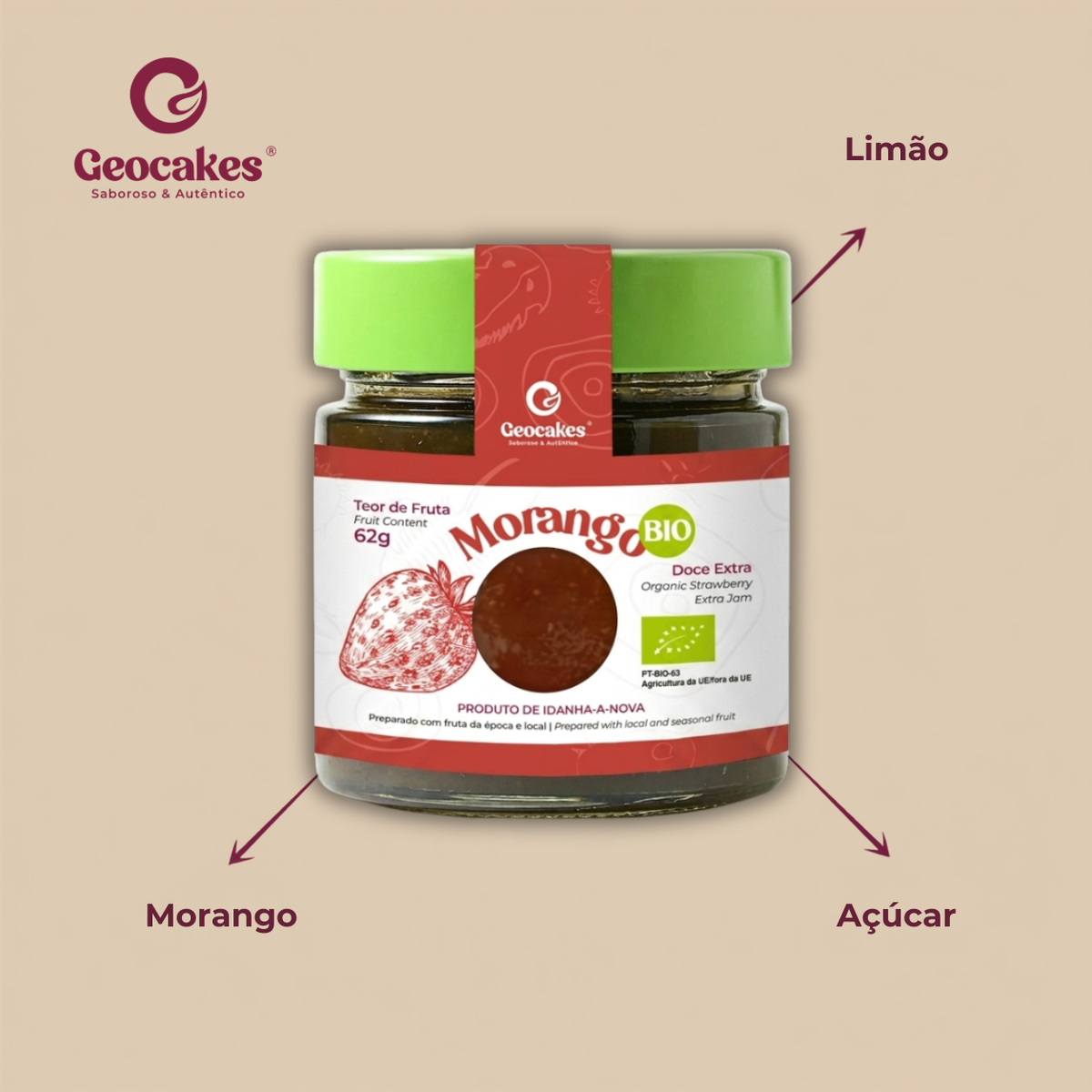 Doce Extra de Morango Biológico Geocakes — ingredientes: morango, açúcar, limão