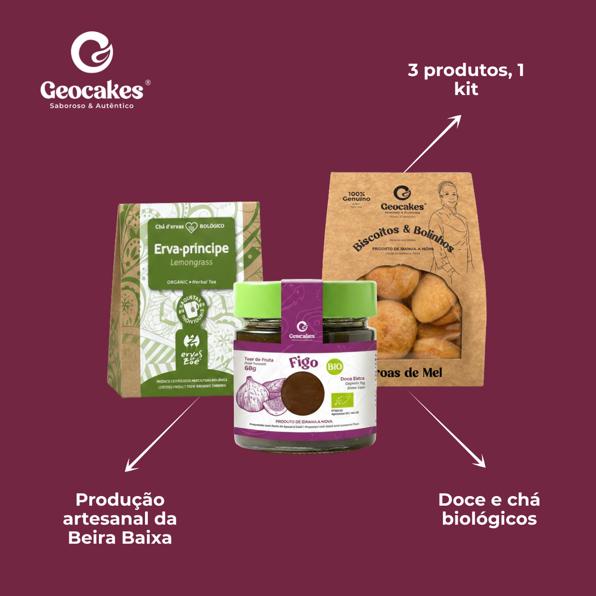 Hora do Chá Bio Geocakes: 3 produtos, 1 kit, produção artesanal da Beira Baixa, doce e chá biológicos