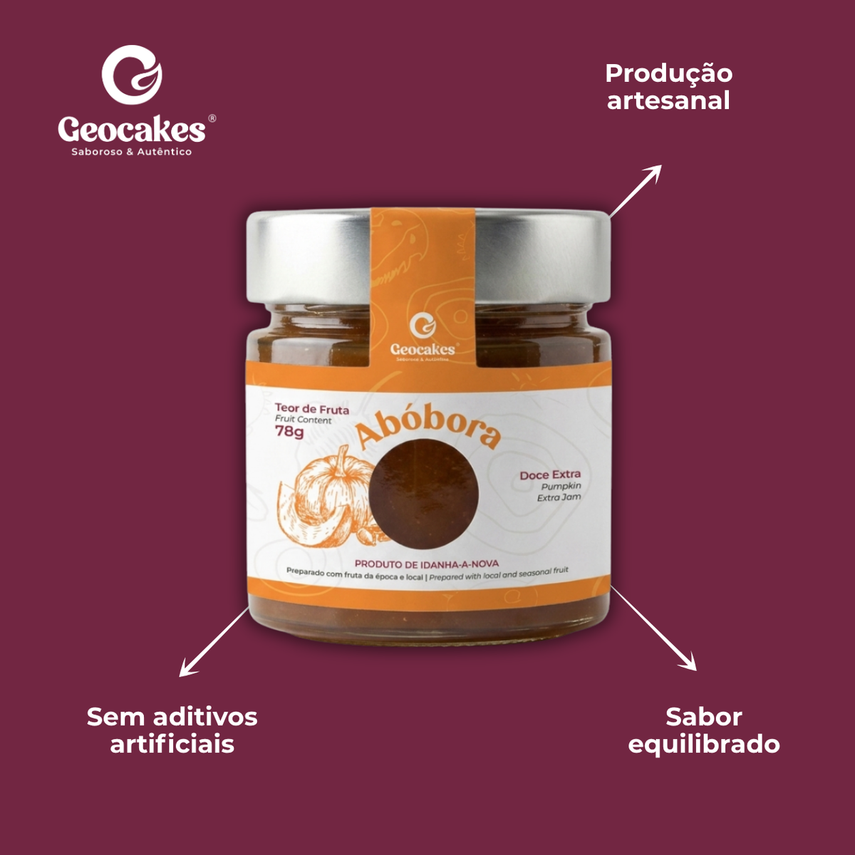 Doce Extra de Abóbora Artesanal Geocakes — características: sem aditivos artificiais, produção artesanal, sabor equilibrado