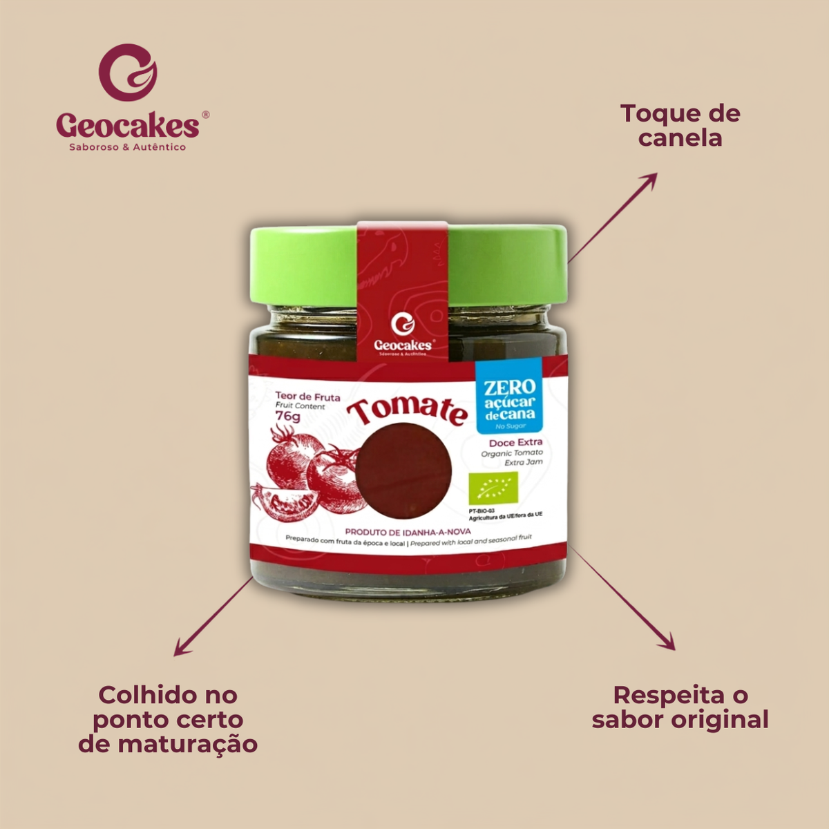 Doce Extra de Tomate Biológico Sem Açúcar Geocakes – Sobre o fruto: colhido no ponto certo de maturação, respeita o sabor original, toque de canela