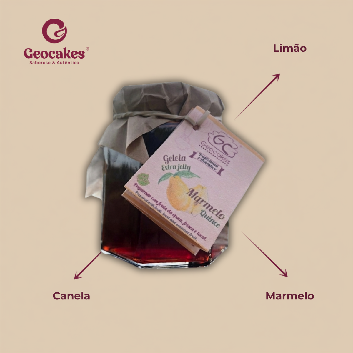 Geleia de Marmelo Biológica Geocakes — ingredientes: limão, canela, marmelo