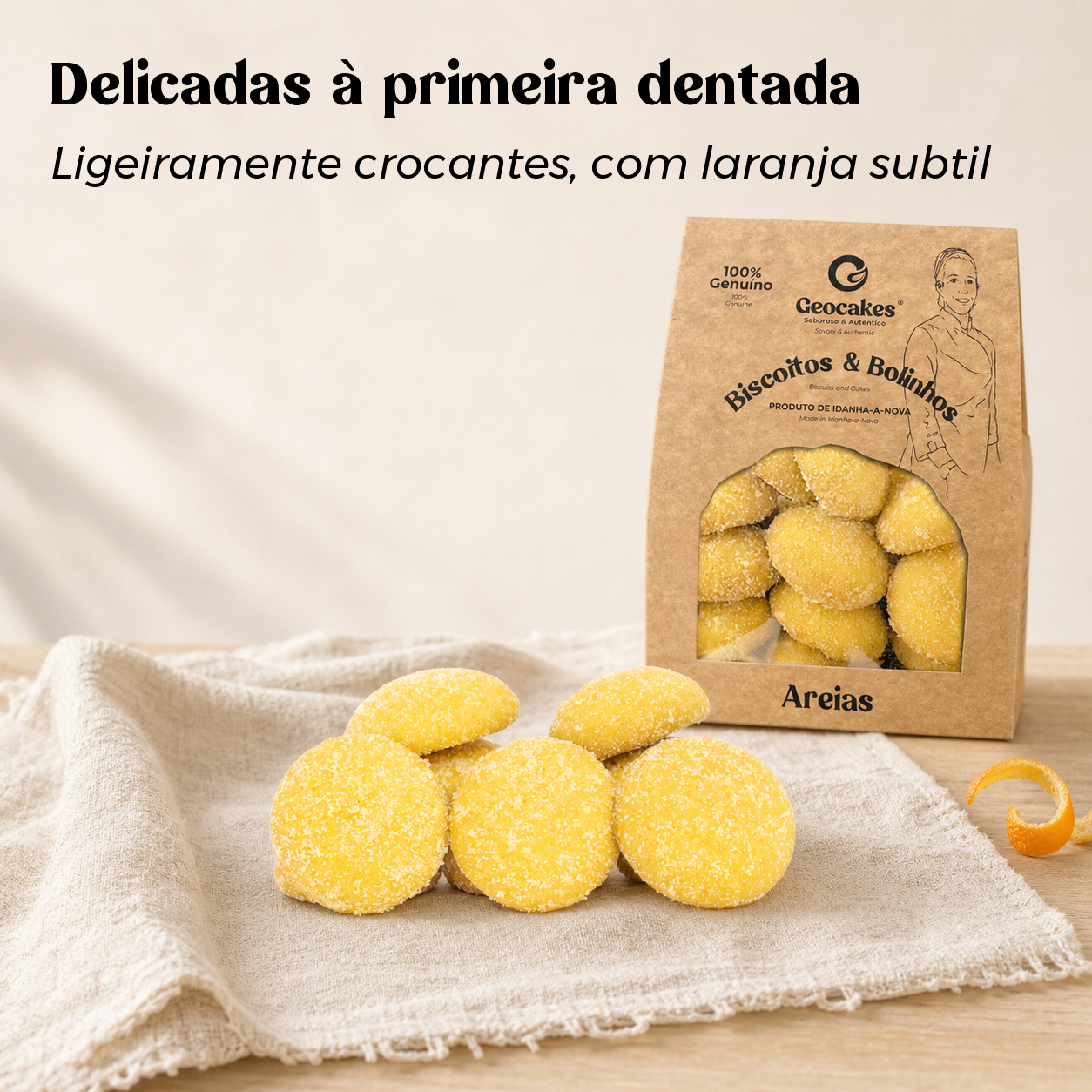 Areias Geocakes — Delicadas e ligeiramente crocantes, com laranja subtil