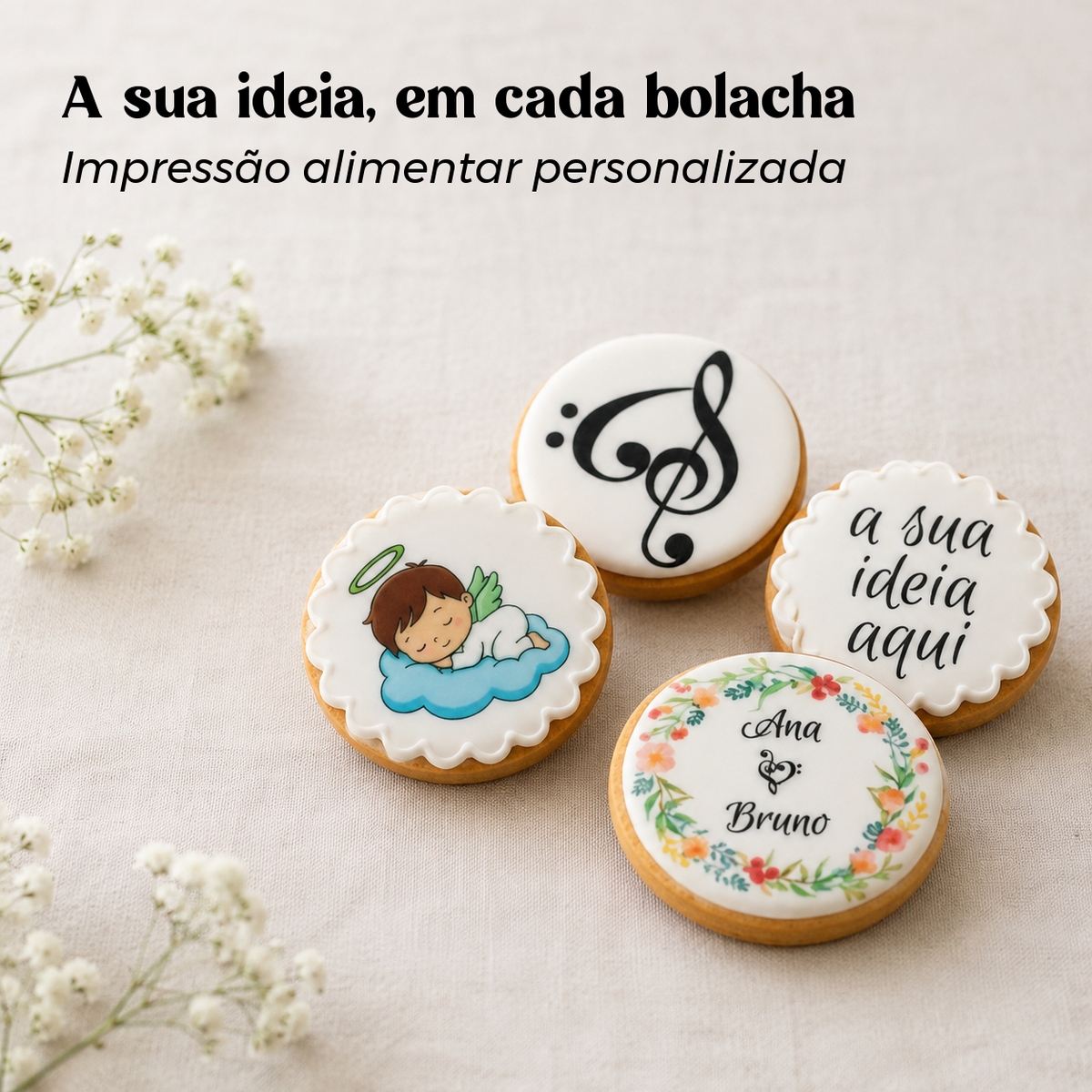 Bolachinhas Decoradas Geocakes — impressão alimentar personalizada em cada bolacha