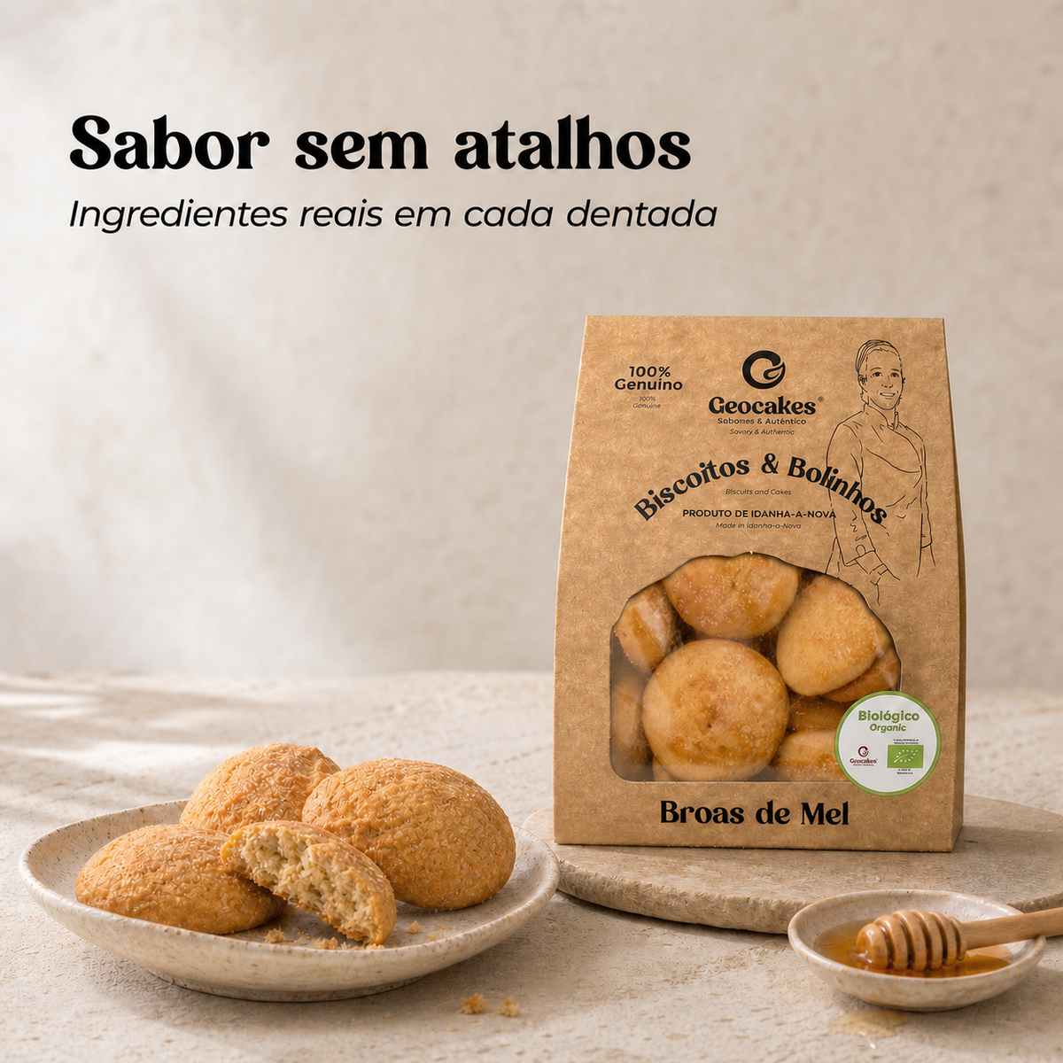 Broas de Mel Biológicas Geocakes — ingredientes reais e textura densa com mel regional