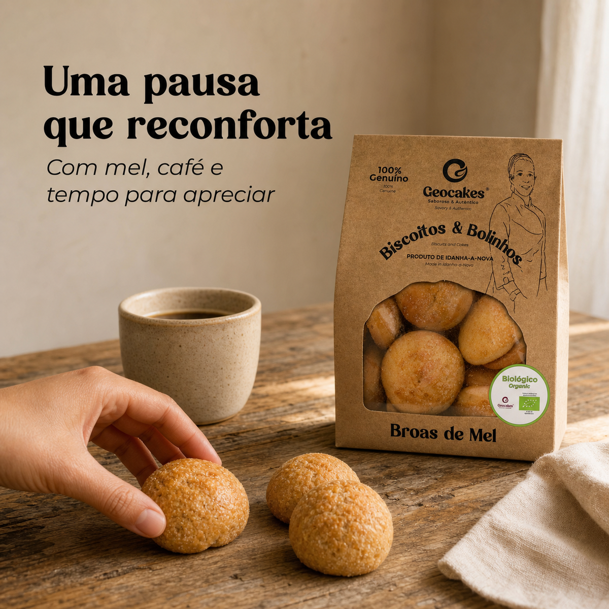Broas de Mel Biológicas Geocakes — pausa reconfortante com café e broas artesanais