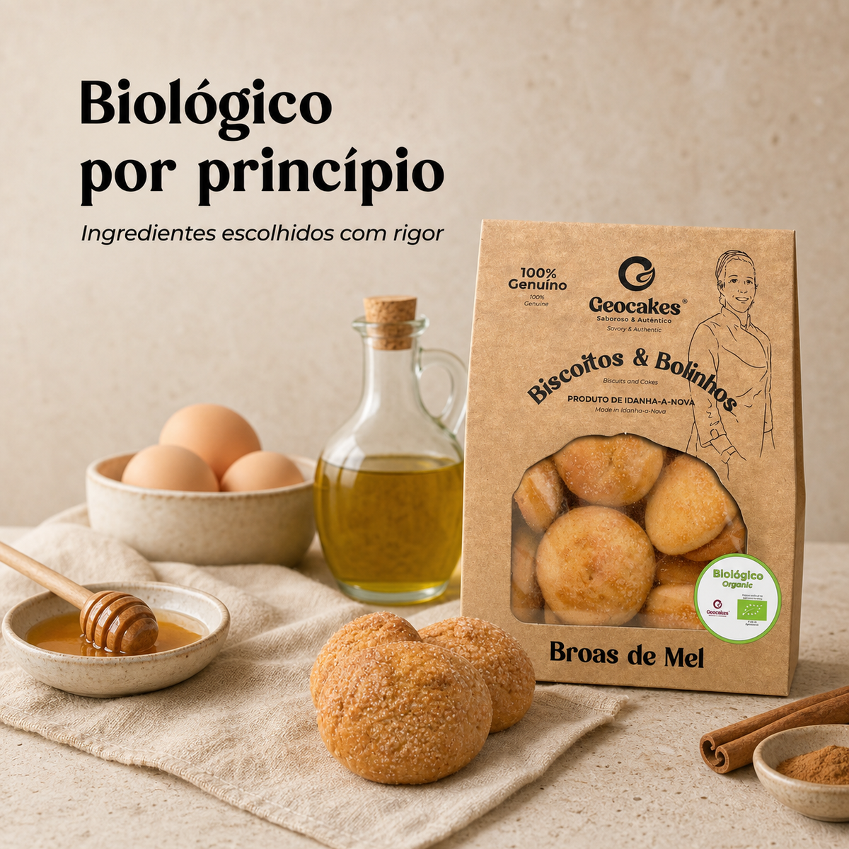 Broas de Mel Biológicas Geocakes — mel regional, azeite virgem, ovos biológicos e canela