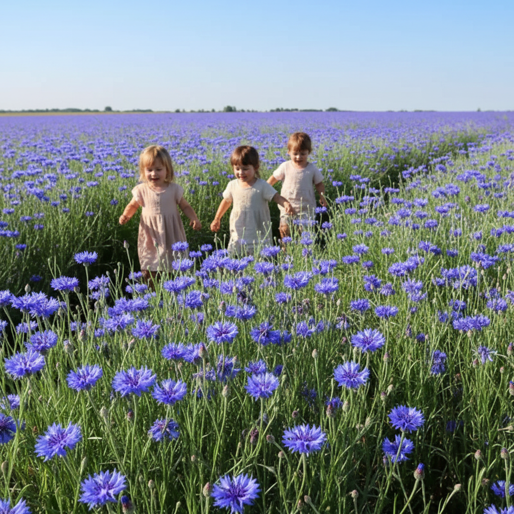Centáurea Azul campo com crianças