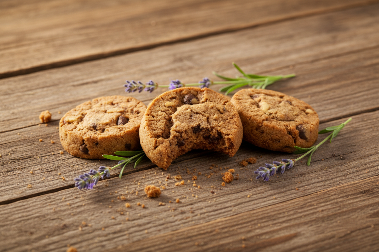 Cookies com mordida, cenário rústico primaveril com alfazema