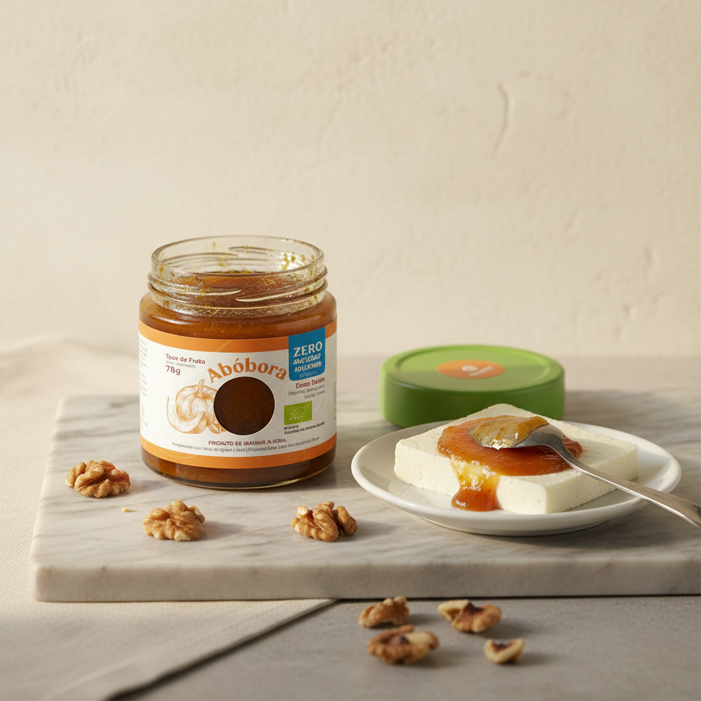 Doce de Abóbora BIO — Lifestyle com Queijo Fresco e Nozes, frasco aberto