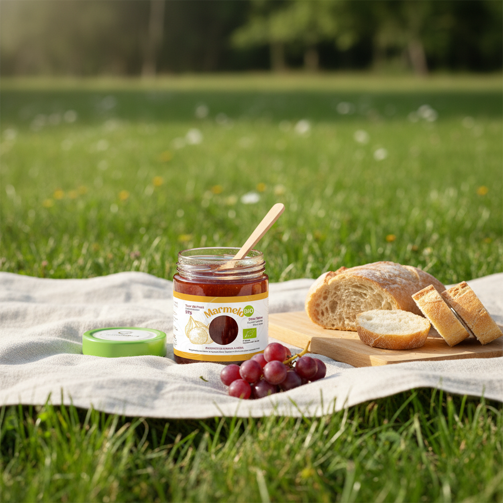 Doce de Marmelo BIO – Lifestyle Picnic com Frasco Aberto