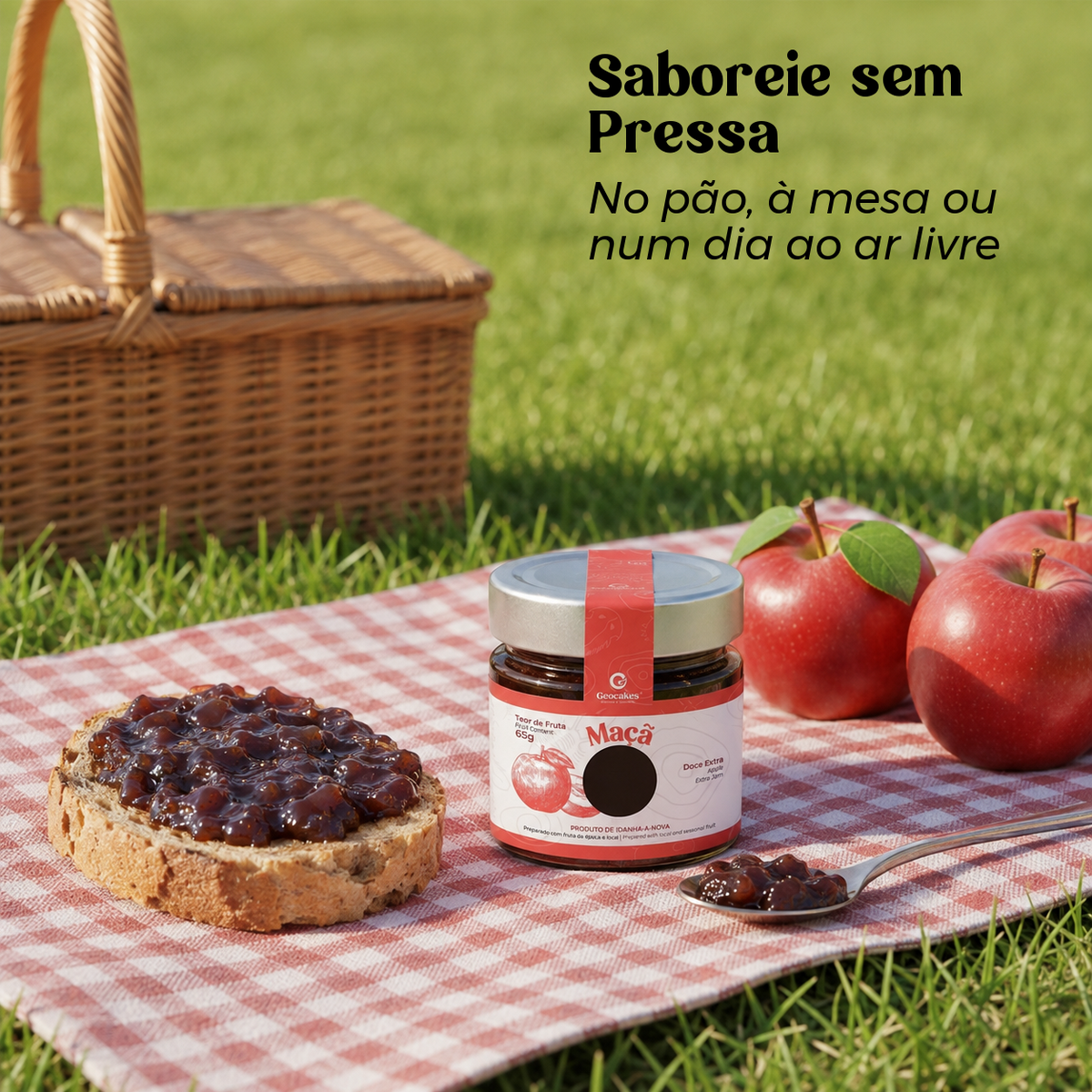 Doce Extra de Maçã Geocakes servido com pão num piquenique ao ar livre