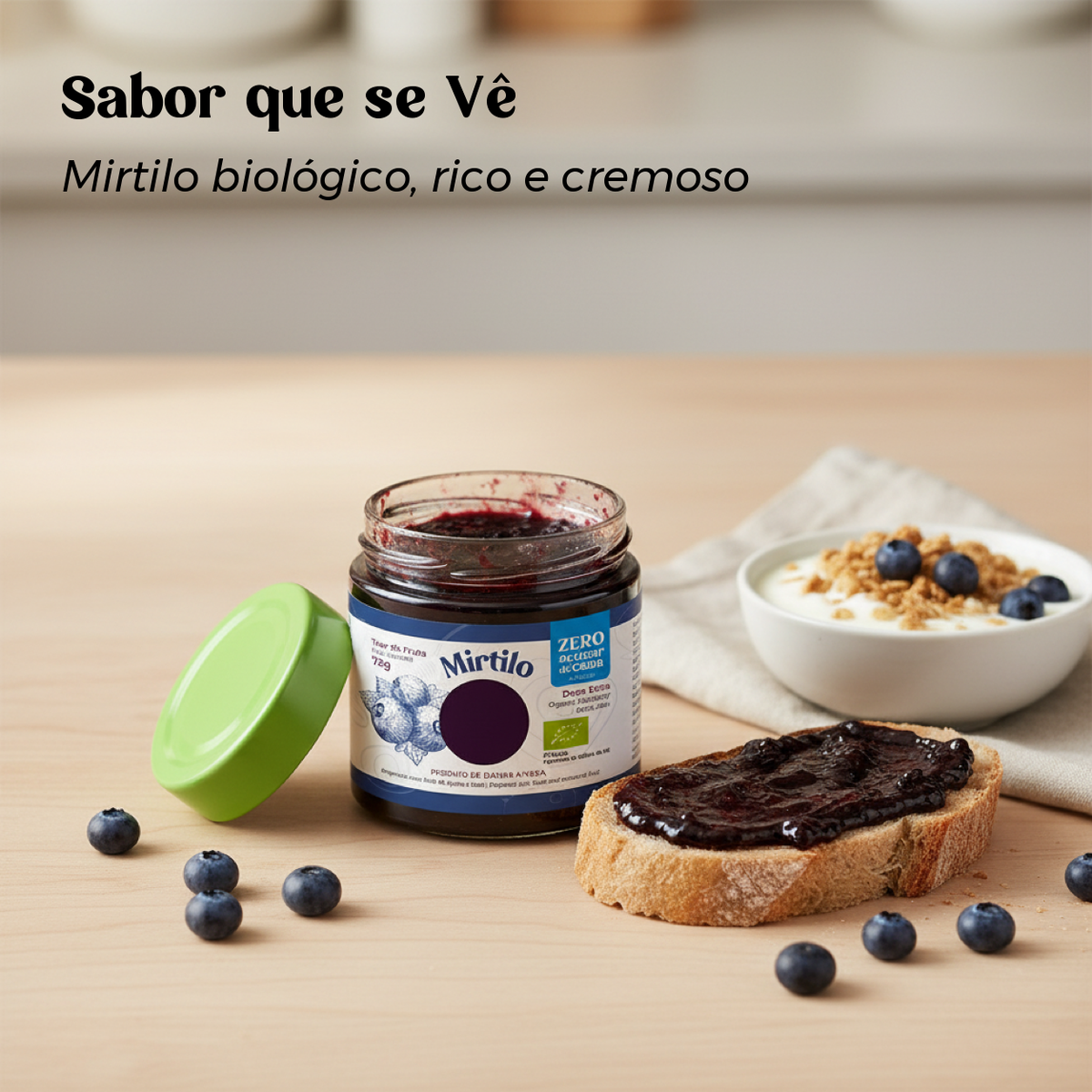 Doce Extra de Mirtilo Biológico Sem Açúcar Geocakes — mirtilo biológico com textura rica e cremosa