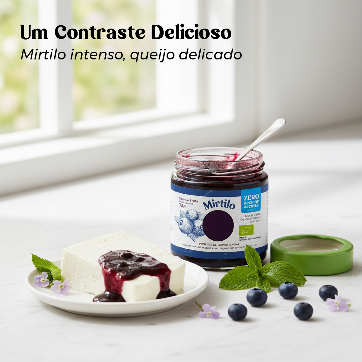 Doce Extra de Mirtilo Biológico Sem Açúcar Geocakes — contraste de mirtilo intenso com queijo delicado