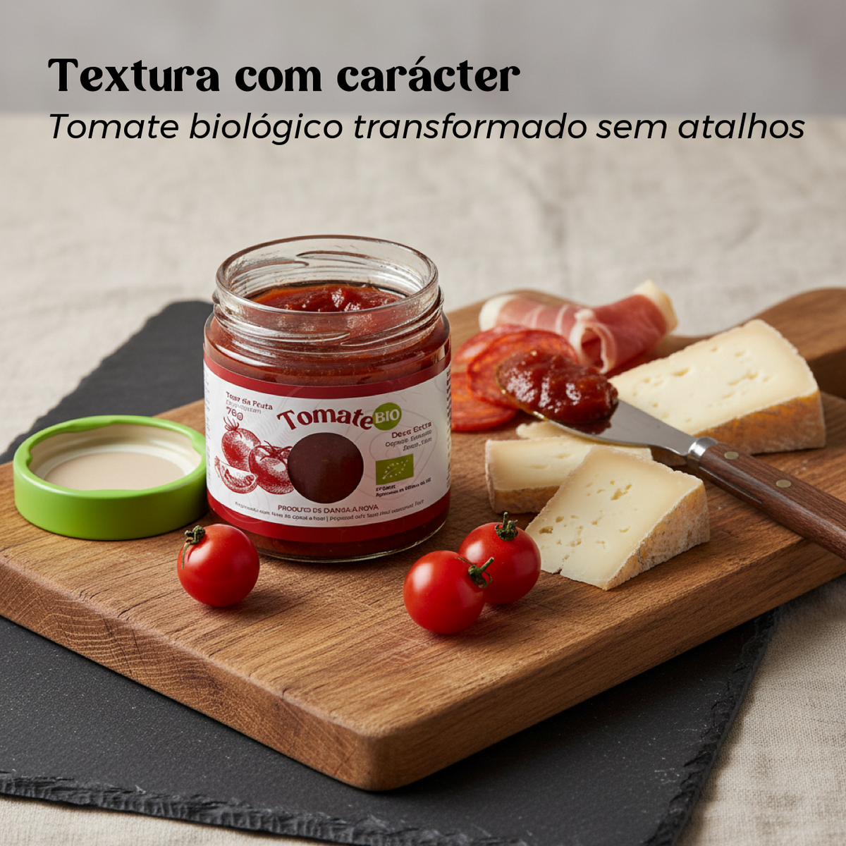 Doce extra de tomate biológico Geocakes com textura artesanal e acompanhamentos