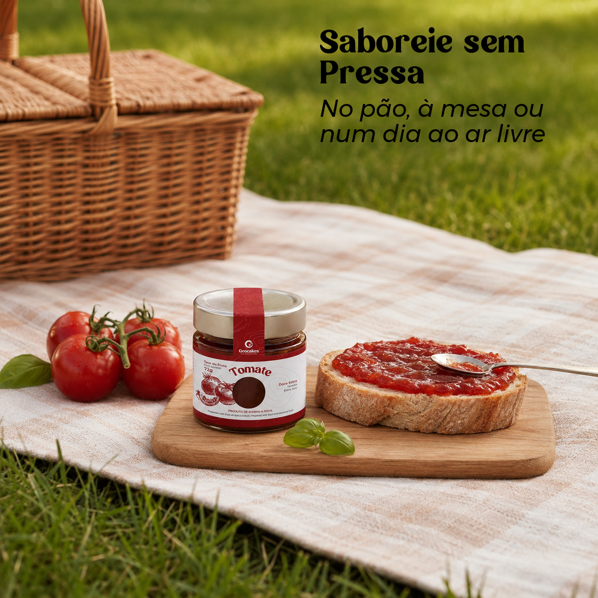 Doce Extra de Tomate Geocakes servido com pão num piquenique