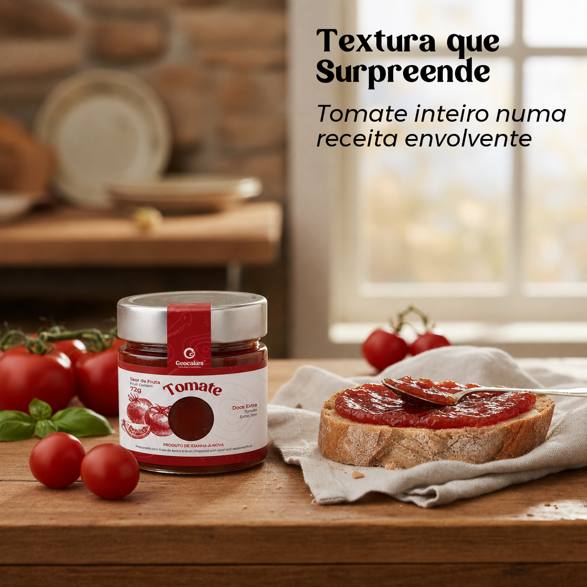 Doce Extra de Tomate Geocakes com textura envolvente servido sobre pão