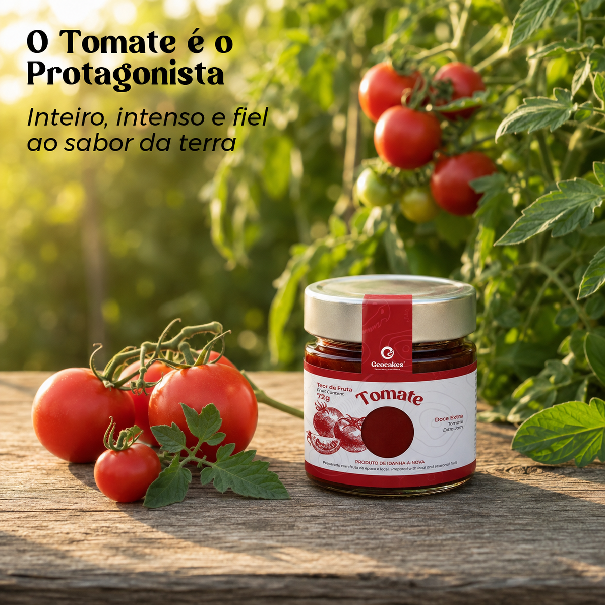 Doce Extra de Tomate Geocakes junto a tomates maduros na horta