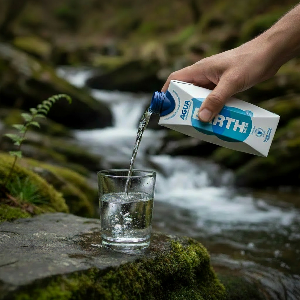 Earth Water Tetrapak 500ml — imagem lifestyle, mão a servir água sem tampa, ambiente de ribeira de montanha