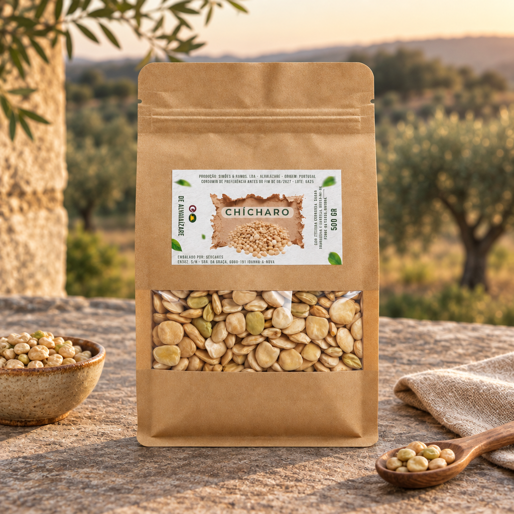 Embalagem de chícharos numa varanda rural portuguesa