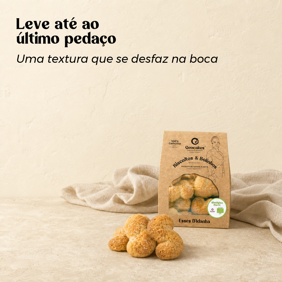 Esses d'Idanha Biológicos Geocakes com embalagem em segundo plano — textura leve até ao último pedaço