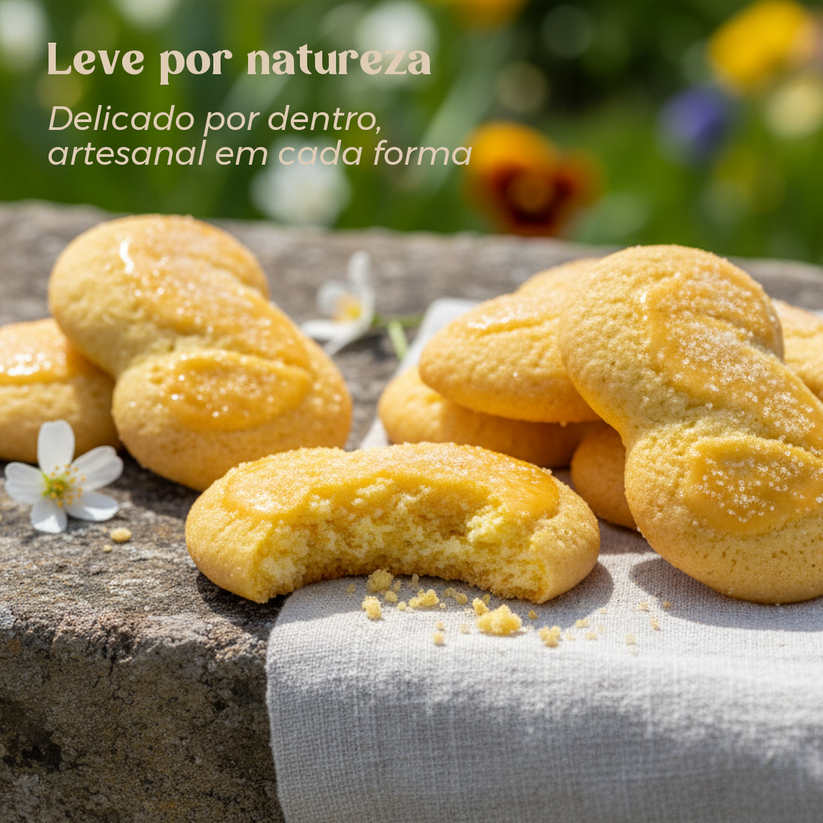Esses d'Idanha Geocakes com mordida e migalhas, revelando a textura delicada