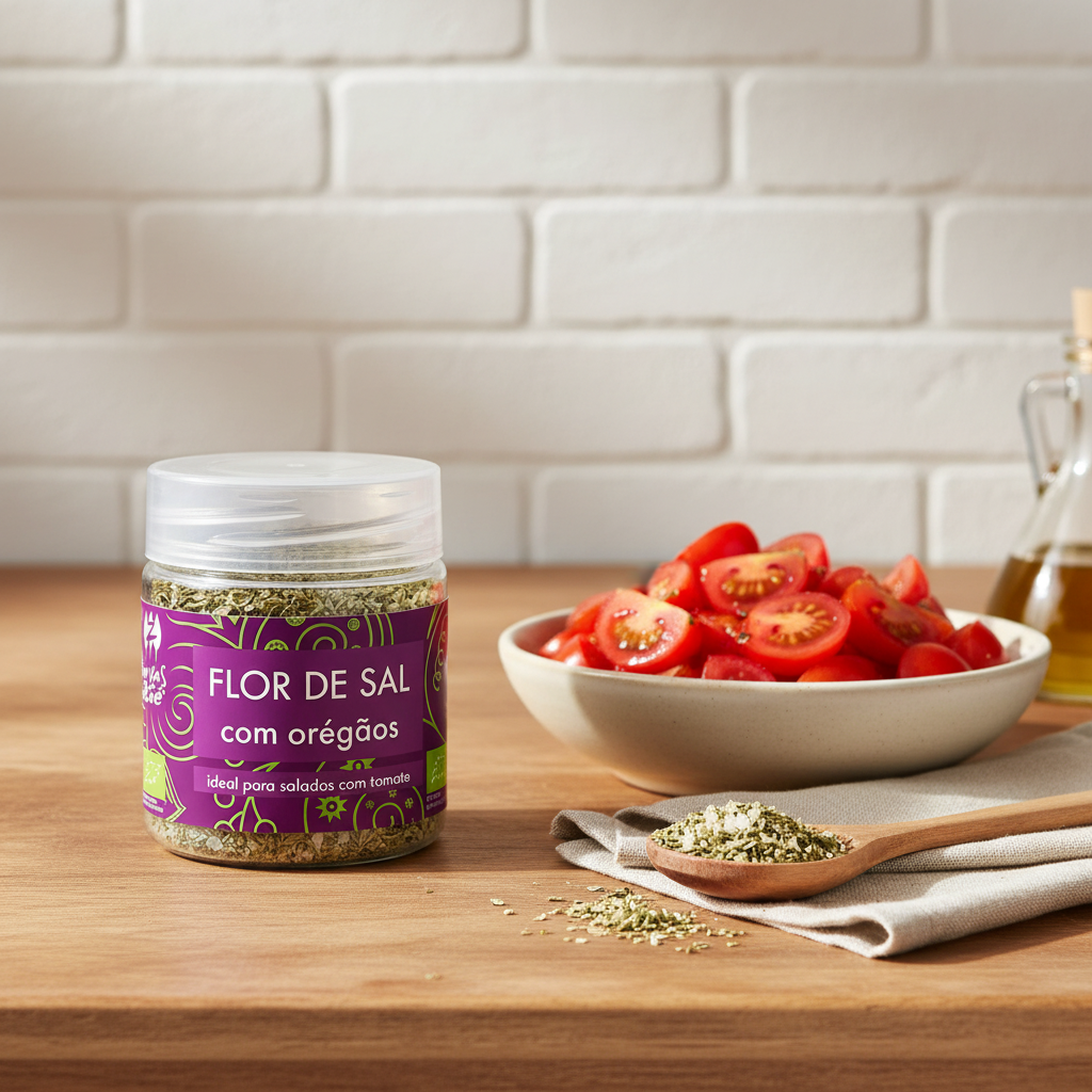 Flor de Sal com Orégãos — Lifestyle com Tomate e Azeite